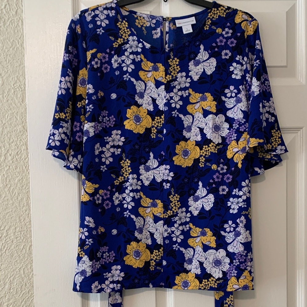 Liz Claiborne Royal Blue Yellow White Floral Short-Sleeve Blouse
